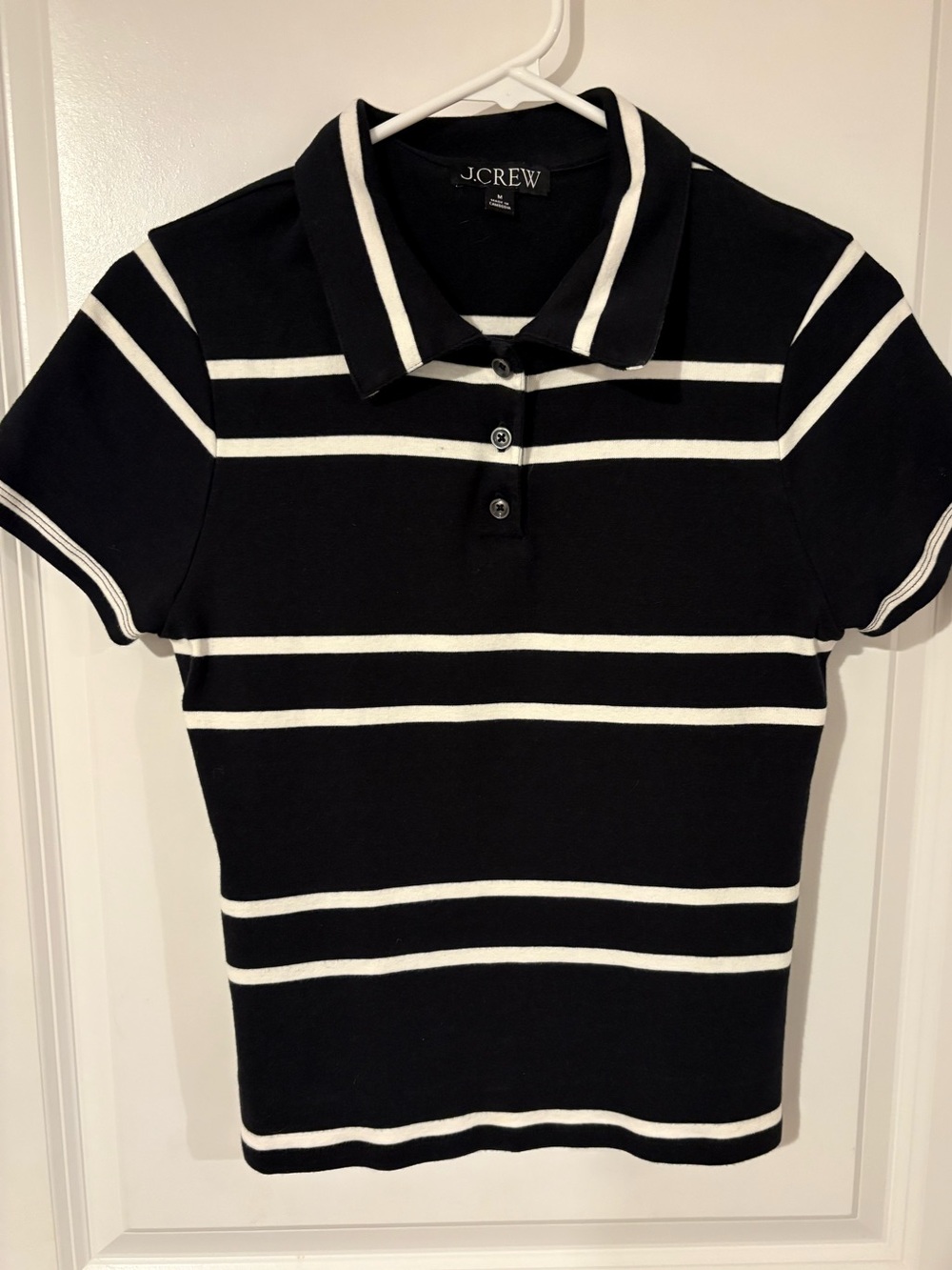 J.Crew Shrunken Polo Shirt Cotton Black White Striped Size M